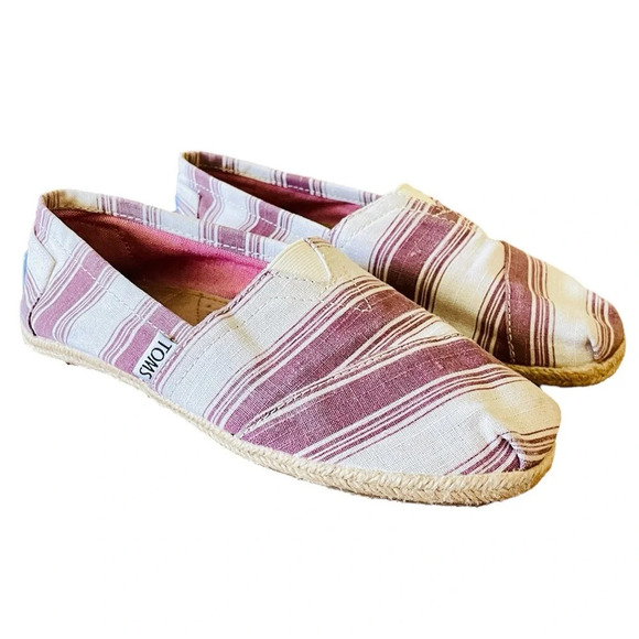 Toms Shoes - TOMS Alpargata espadrille slip-on canvas flats loafers 5.5 beige burgundy stripe
